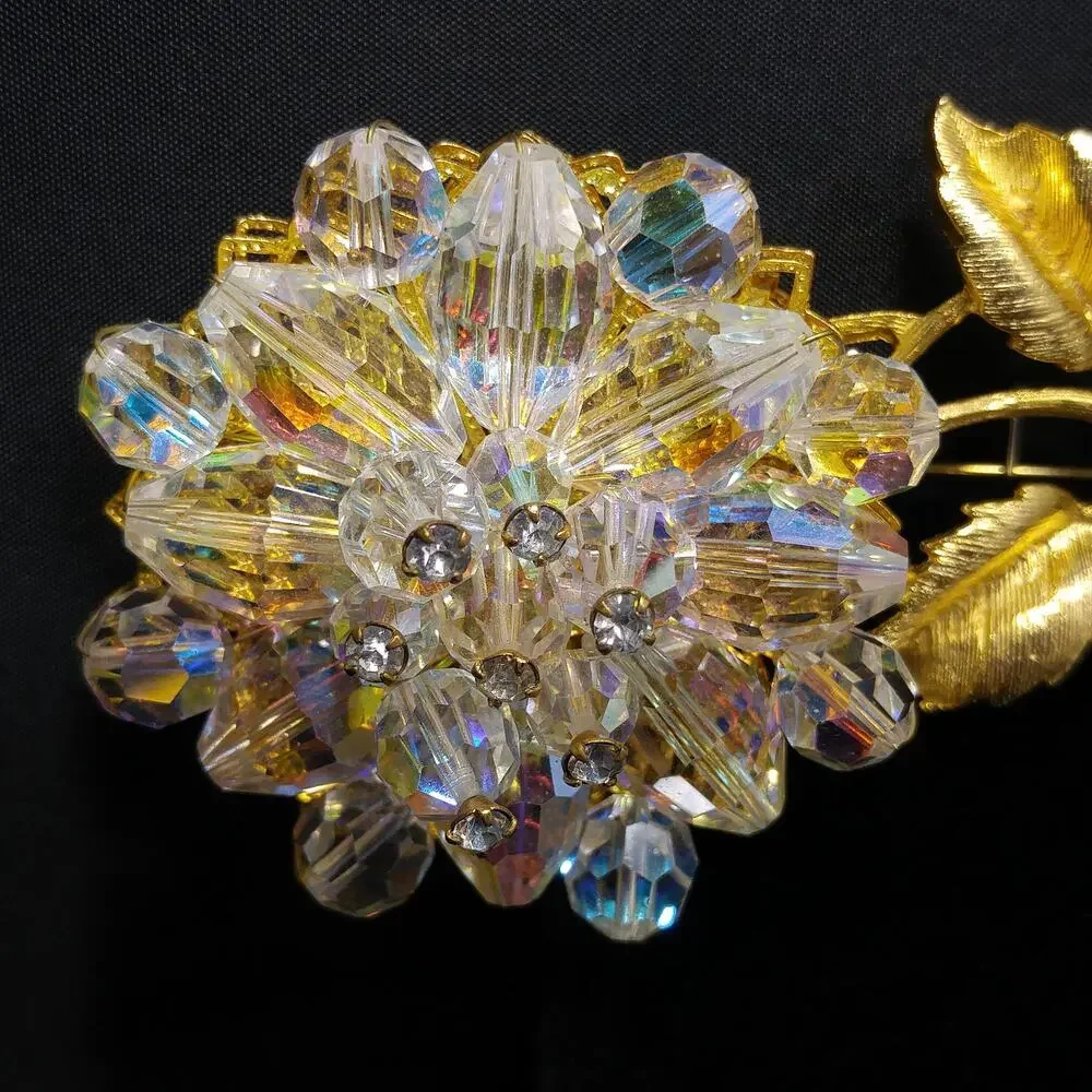 Vintage 1960s Crystal Beaded Flower Brooch, Gold Tone